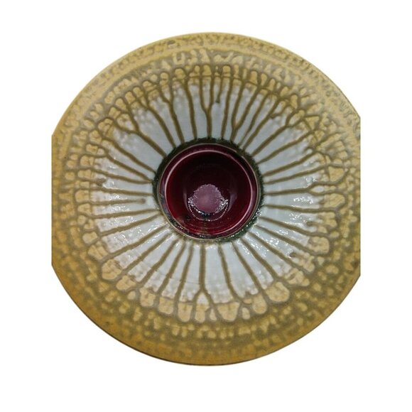 Handcrafted Ceramic Bowl With Intricate Yellow/White Pattern And Deep Red Center - Picture 2 of 9